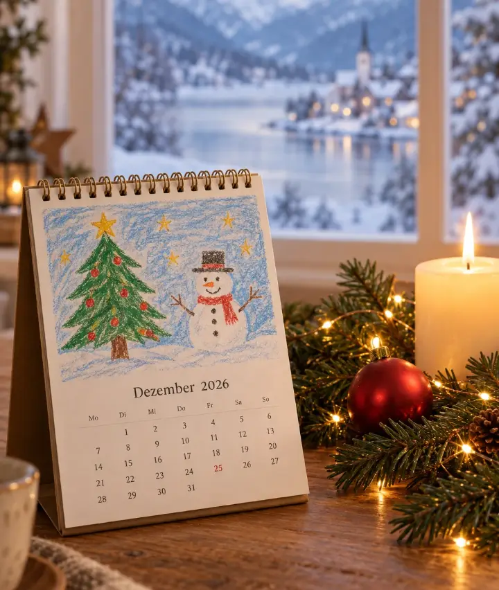 Tischkalender mit Kinderzeichnung vor einem Fenster, umgeben von Tannenzweigen, Weihnachtskugel und brennender Kerze.